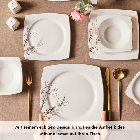 Karaca Square Bone China Autumn 53-Piece Dinner Set for 12 People, White Multi