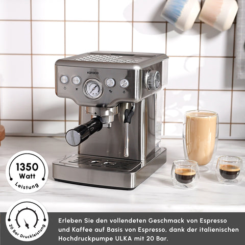 Karaca Coffee Art 1353 Espresso, Latte, Cappuccino, Americano Machine with Milk Frother, 20 Bar Pressure, 1.8L Inox