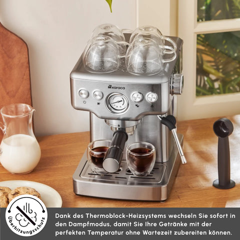 Karaca Coffee Art 1353 Espresso, Latte, Cappuccino, Americano Machine with Milk Frother, 20 Bar Pressure, 1.8L Inox