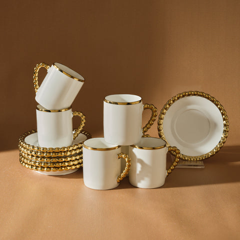 Karaca Boncuk 12-teiliges Bone China Espresso Türkisch-Kaffeetassen-Set für 6 Personen, 80 ml, Weiß Gold