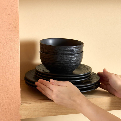 Karaca Solem Embossed 18-Piece Stoneware Dinner Set for 6 People, Black
 