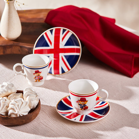 Karaca London 4-teiliges Bone China Espresso-/Türkische Kaffeetassen-Set für 2 Personen, 80 ml, Mehrfarbig