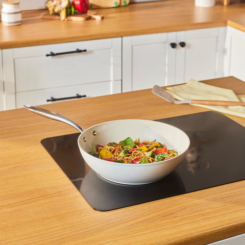 Karaca Swiss Crystal Almond Cream Wok Pan with Handle 28 cm