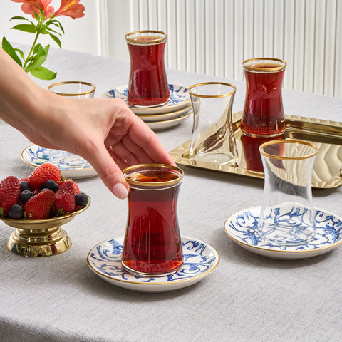 Karaca Mare 12-Piece Glass Turkish Tea Set for 6 People, 170ml, Transparent
 