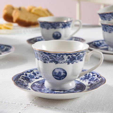 Karaca Old Town 12-teiliges Bone China Espresso-/Türkische Kaffeetassen-Set für 6 Personen, 80 ml, Blau