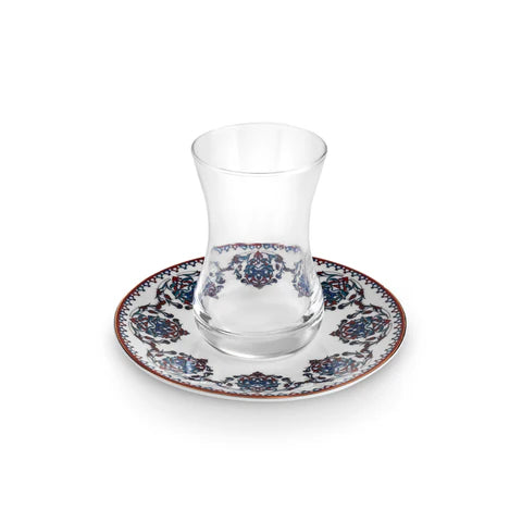 Karaca Nakkas 12-teiliges Türkisches Teeset aus Bone China für 6 Personen, 130 ml, Rot
