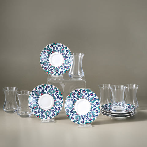 Karaca Edirne 12-teiliges Bone-China Türkisches Teeset für 6 Personen, 130 ml, Mehrfarbig