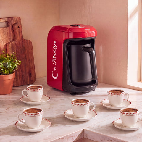 Karaca Hatır Hüps Türkiye – Türkische Kaffeemaschine mit Milchfunktion, 5 Tassen, mit Nationalhymne, Flaggenrot