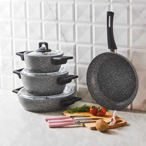 Karaca Biogranit Stella Gray 11-teiliges Kochtopfset mit Messerset Geschenk