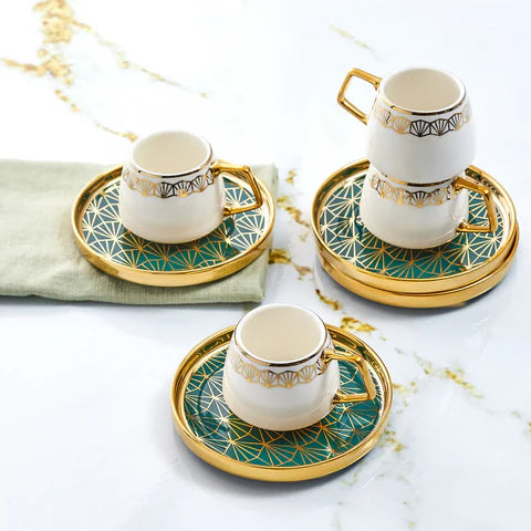 Karaca Verde 12-teiliges Porzellan Espresso Türkischer Kaffeetassen-Set für 6 Personen, 100 ml, Mehrfarbig