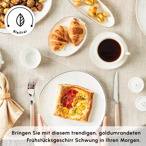 Karaca Streamline Middle Frühstücksset und Servierschalen, 34 Teilig, Porzellan, Gold